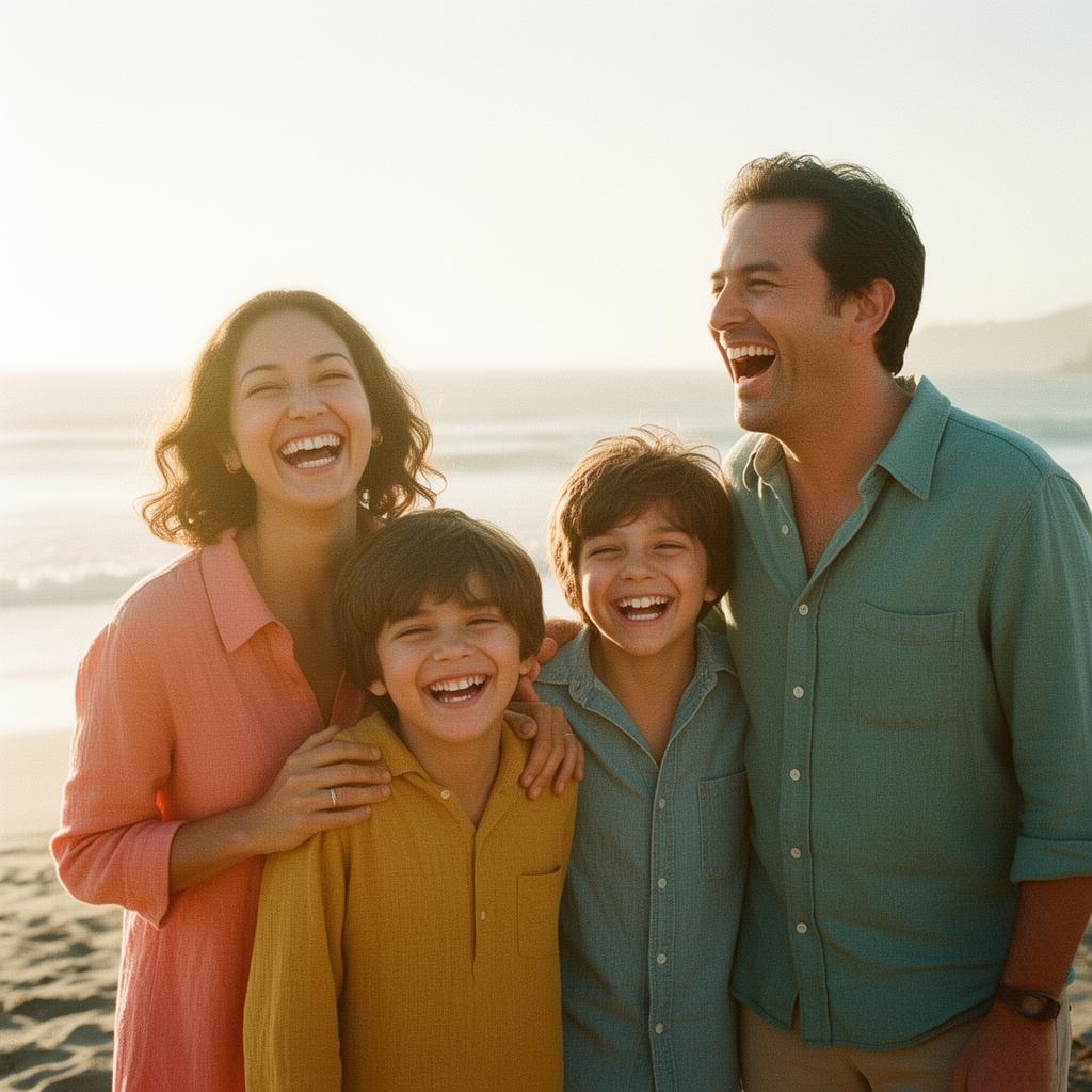 A San Clemente family laughing together at the beach